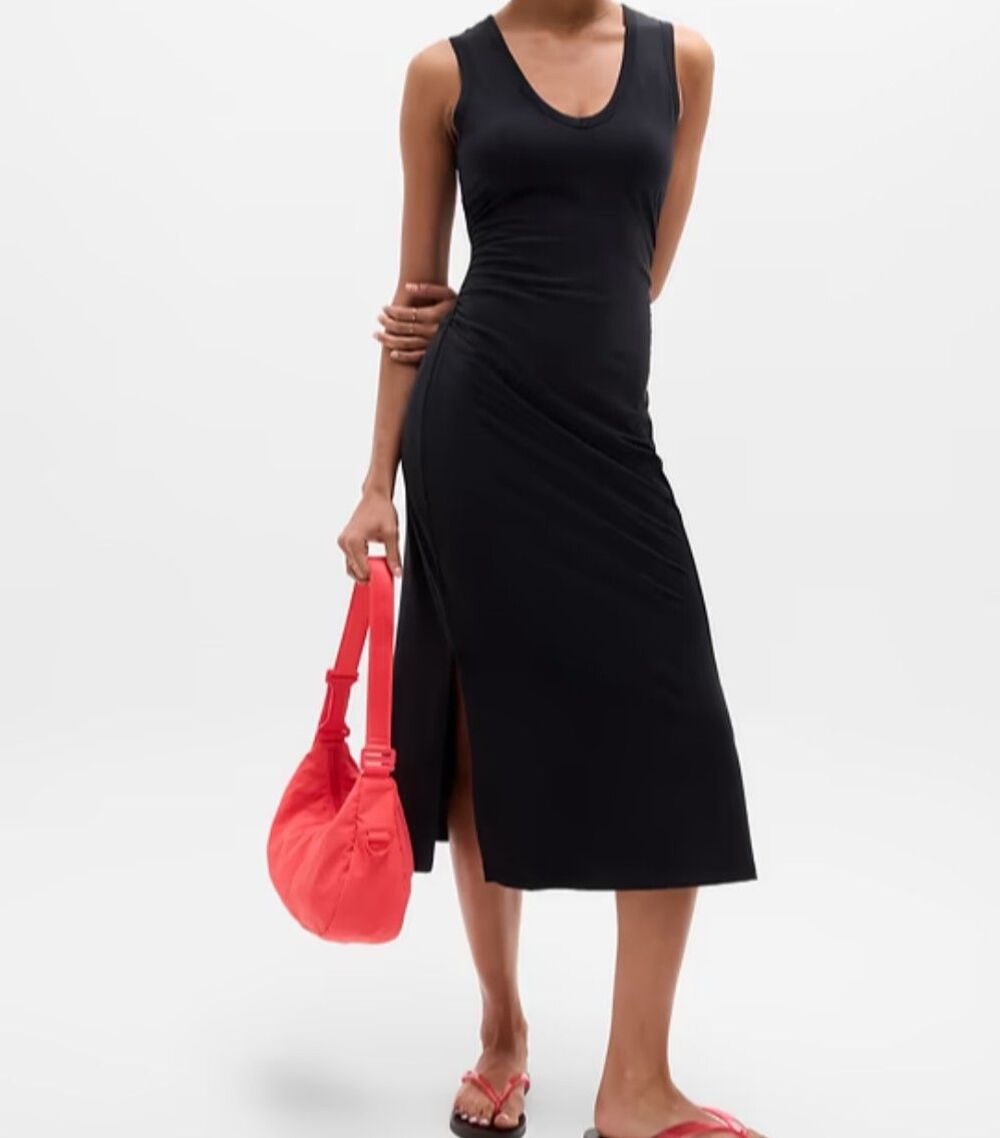 Athleta Large Essential V-Neck Midi Dress Black New Travel Internal Bra Cotton